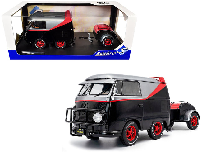 2024 Volkswagen Kool Kombi Sport Van with Trailer Black and Silver with Red Stripe 1/18 Diecast Model Car by Solido-Solido-ModelCars.com