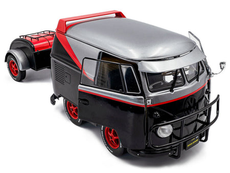 2024 Volkswagen Kool Kombi Sport Van with Trailer Black and Silver with Red Stripe 1/18 Diecast Model Car by Solido-Solido-ModelCars.com
