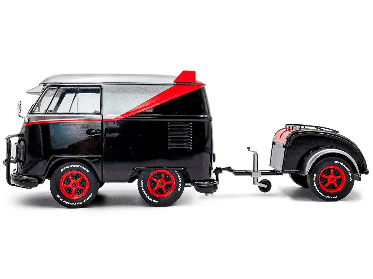 2024 Volkswagen Kool Kombi Sport Van with Trailer Black and Silver with Red Stripe 1/18 Diecast Model Car by Solido-Solido-ModelCars.com