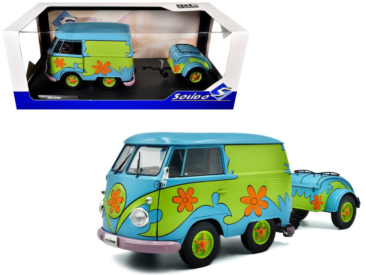 2024 Volkswagen Kool Kombi Van with Trailer "Ghost Hunter" Blue and Green with Graphics 1/18 Diecast Model Car by Solido-Solido-ModelCars.com