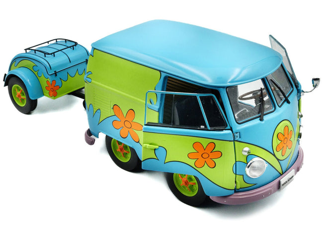 2024 Volkswagen Kool Kombi Van with Trailer "Ghost Hunter" Blue and Green with Graphics 1/18 Diecast Model Car by Solido-Solido-ModelCars.com
