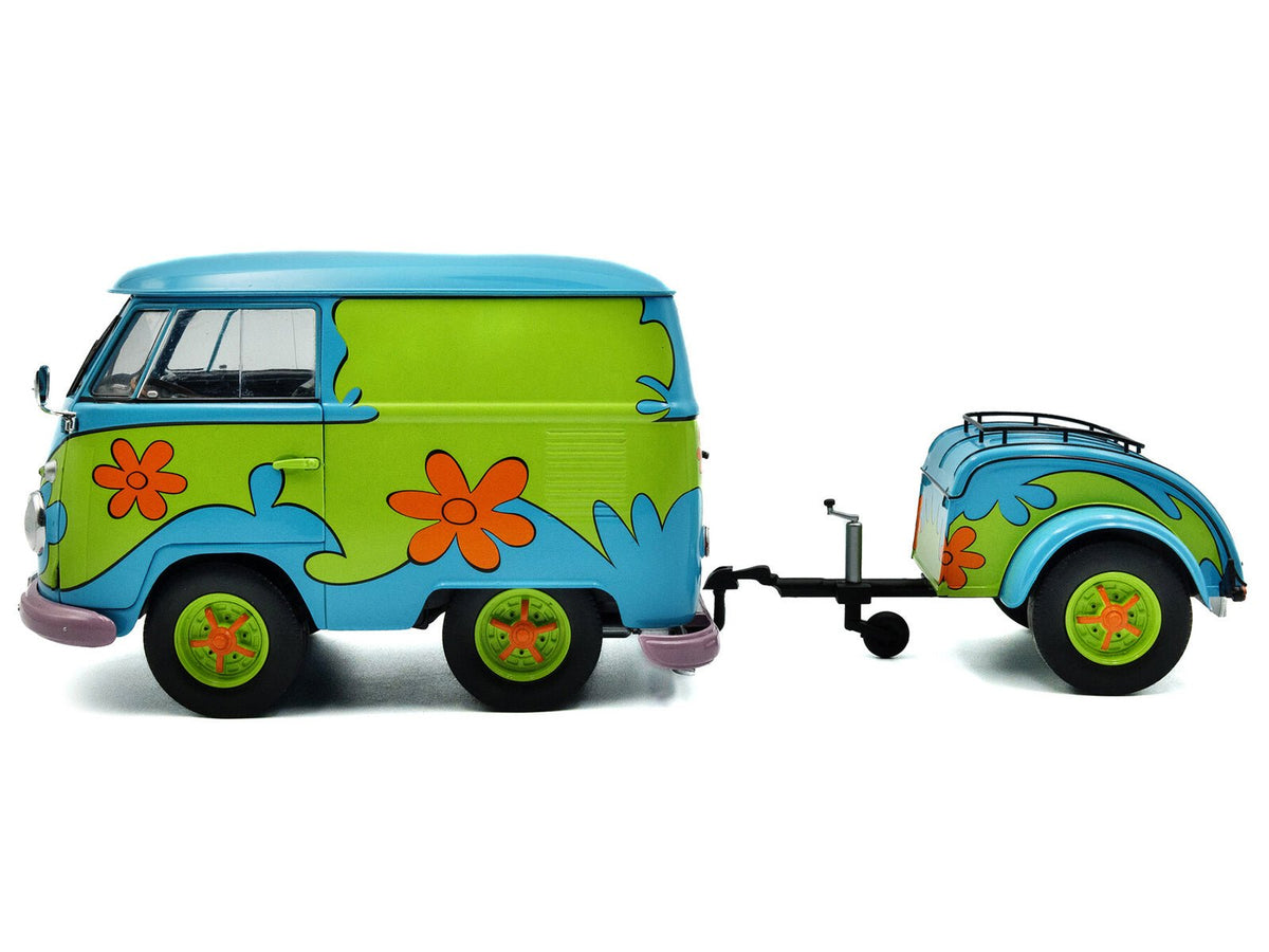 2024 Volkswagen Kool Kombi Van with Trailer "Ghost Hunter" Blue and Green with Graphics 1/18 Diecast Model Car by Solido-Solido-ModelCars.com