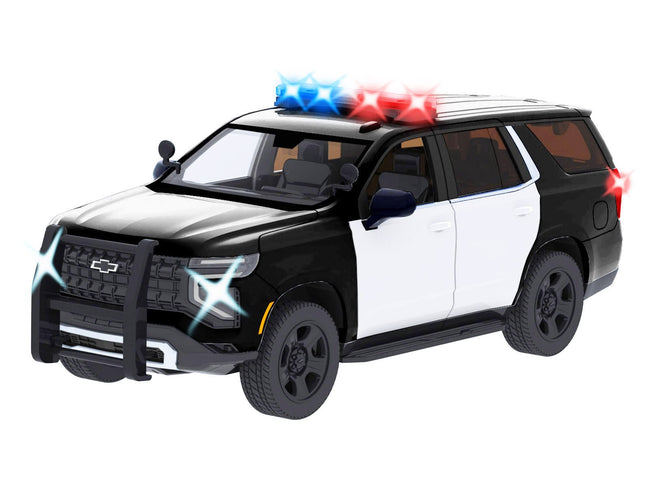 2025 Chevrolet Tahoe PPV Black and White "Builder's Kit" with Flashing Light Bar and Front and Rear Lights and Sounds 1/24 Diecast Model Car by Motormax-Motormax-ModelCars.com
