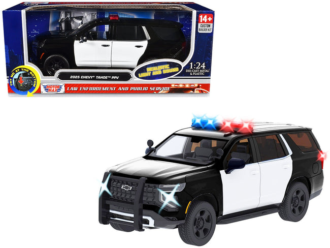 2025 Chevrolet Tahoe PPV Black and White "Builder's Kit" with Flashing Light Bar and Front and Rear Lights and Sounds 1/24 Diecast Model Car by Motormax-Motormax-ModelCars.com