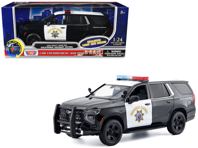 2025 Chevrolet Tahoe PPV "CHP (California Highway Patrol)" Black and White with Flashing Light Bar and Front and Rear Lights and Sounds 1/24 Diecast Model Car by Motormax-Motormax-ModelCars.com