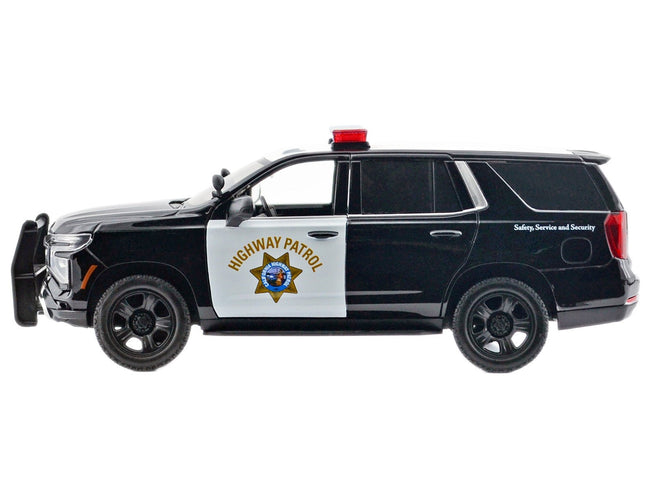 2025 Chevrolet Tahoe PPV "CHP (California Highway Patrol)" Black and White with Flashing Light Bar and Front and Rear Lights and Sounds 1/24 Diecast Model Car by Motormax-Motormax-ModelCars.com