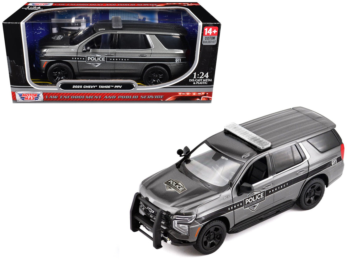 2025 Chevrolet Tahoe PPV "General Motors Police" Gray Metallic "Custom Builder's Kit - Law Enforcement and Public Service" Series 1/24 Diecast Model Car by Motormax-Motormax-ModelCars.com