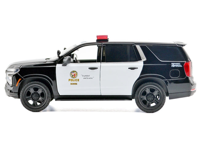 2025 Chevrolet Tahoe PPV "LAPD (Los Angeles Police Department)" Black and White with Flashing Light Bar and Front and Rear Lights and Sounds 1/24 Diecast Model Car by Motormax-Motormax-ModelCars.com