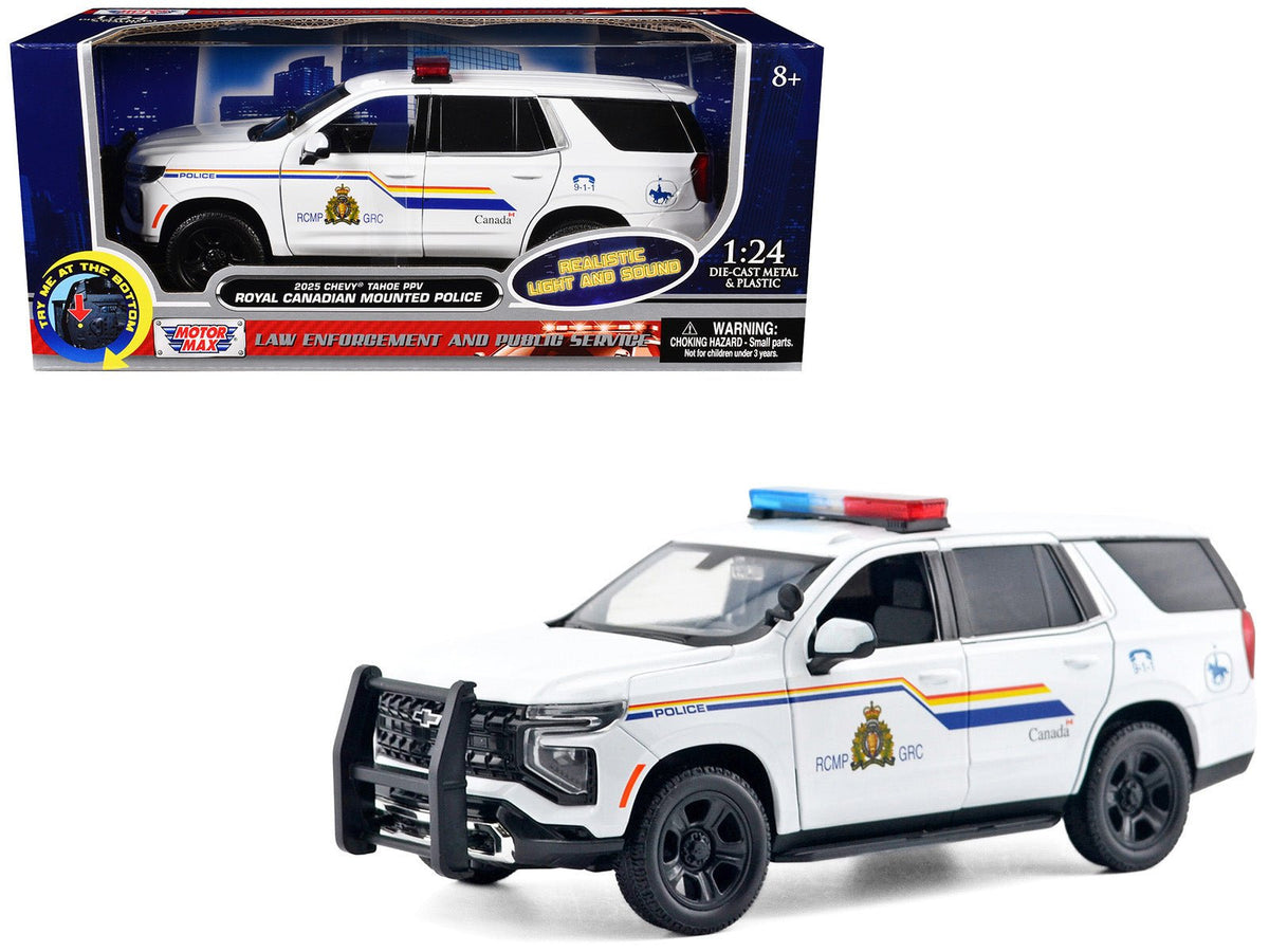 2025 Chevrolet Tahoe PPV "RCMP (Royal Canadian Mounted Police)" White with Stripes with Flashing Light Bar and Front and Rear Lights and Sounds 1/24 Diecast Model Car by Motormax-Motormax-ModelCars.com