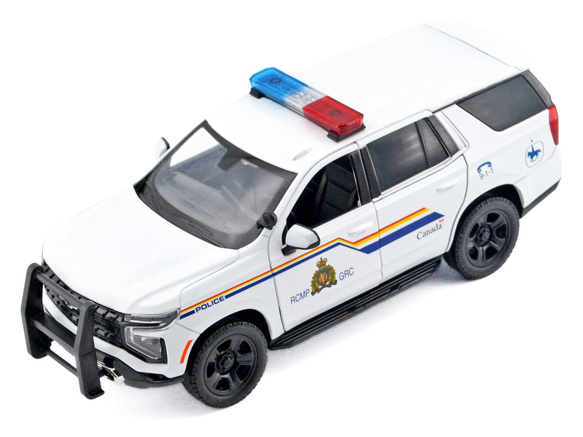 2025 Chevrolet Tahoe PPV "RCMP (Royal Canadian Mounted Police)" White with Stripes with Flashing Light Bar and Front and Rear Lights and Sounds 1/24 Diecast Model Car by Motormax-Motormax-ModelCars.com