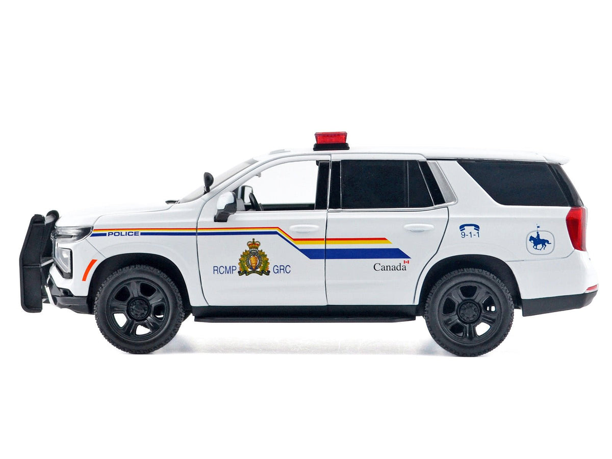 2025 Chevrolet Tahoe PPV "RCMP (Royal Canadian Mounted Police)" White with Stripes with Flashing Light Bar and Front and Rear Lights and Sounds 1/24 Diecast Model Car by Motormax-Motormax-ModelCars.com