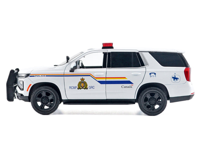 2025 Chevrolet Tahoe PPV "RCMP (Royal Canadian Mounted Police)" White with Stripes with Flashing Light Bar and Front and Rear Lights and Sounds 1/24 Diecast Model Car by Motormax-Motormax-ModelCars.com