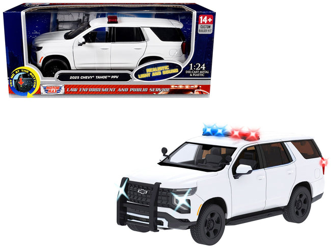 2025 Chevrolet Tahoe PPV White "Builder's Kit" with Flashing Light Bar and Front and Rear Lights and Sounds 1/24 Diecast Model Car by Motormax-Motormax-ModelCars.com