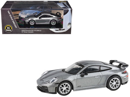 2025 Porsche 911 GT3 (992.2) GT Silver Metallic with Carbon Stripe 1/64 Diecast Model Car by Paragon Models-Paragon-ModelCars.com