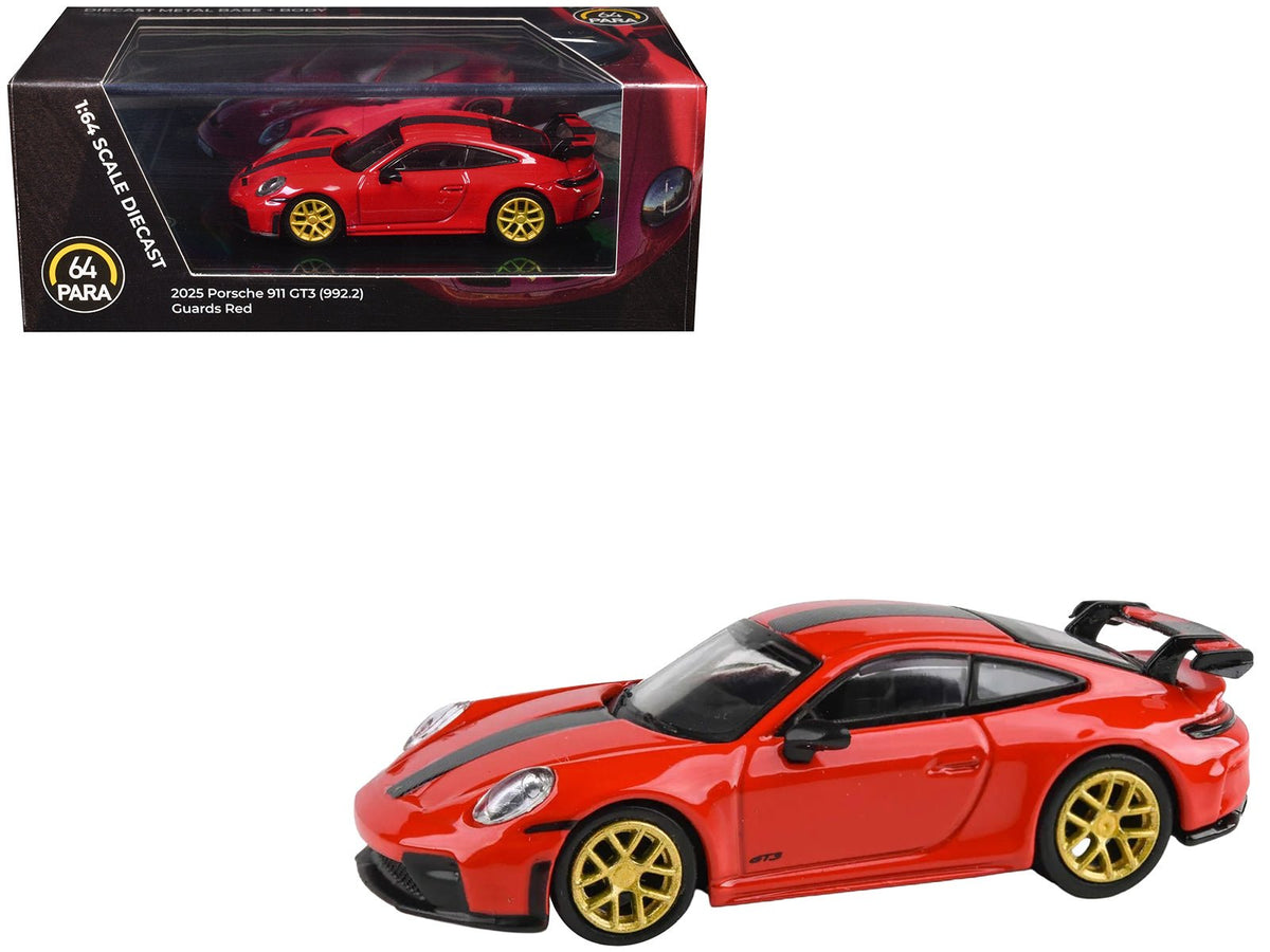 2025 Porsche 911 GT3 (992.2) Guards Red with Carbon Stripe and Gold Wheels 1/64 Diecast Model Car by Paragon Models-Paragon-ModelCars.com