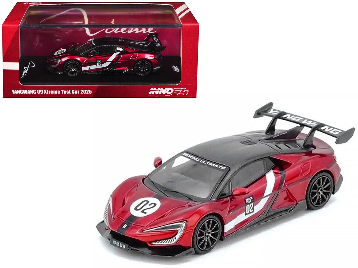 2025 Yangwang U9 Xtreme Test Car 02 Red Metallic with White Stripes and Carbon Top "World Fastest EV Supercar" 1/64 Diecast Model Car by Inno Models-Inno Models-ModelCars.com