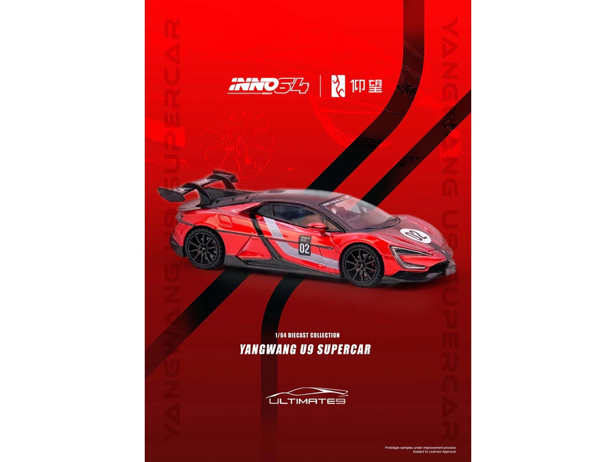 2025 Yangwang U9 Xtreme Test Car 02 Red Metallic with White Stripes and Carbon Top "World Fastest EV Supercar" 1/64 Diecast Model Car by Inno Models-Inno Models-ModelCars.com