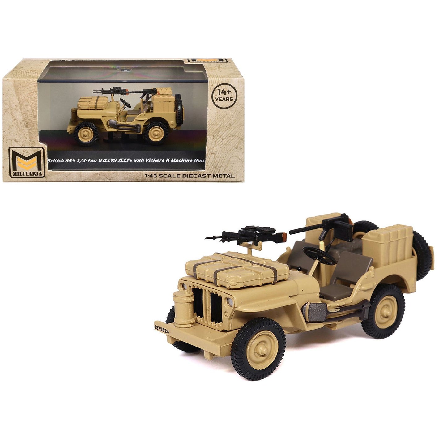 British SAS 1/4-Ton Willys Jeep with Vickers K Machine Gun Desert Sand "British Royal Army" 1/43 Diecast Model by Militaria Die Cast