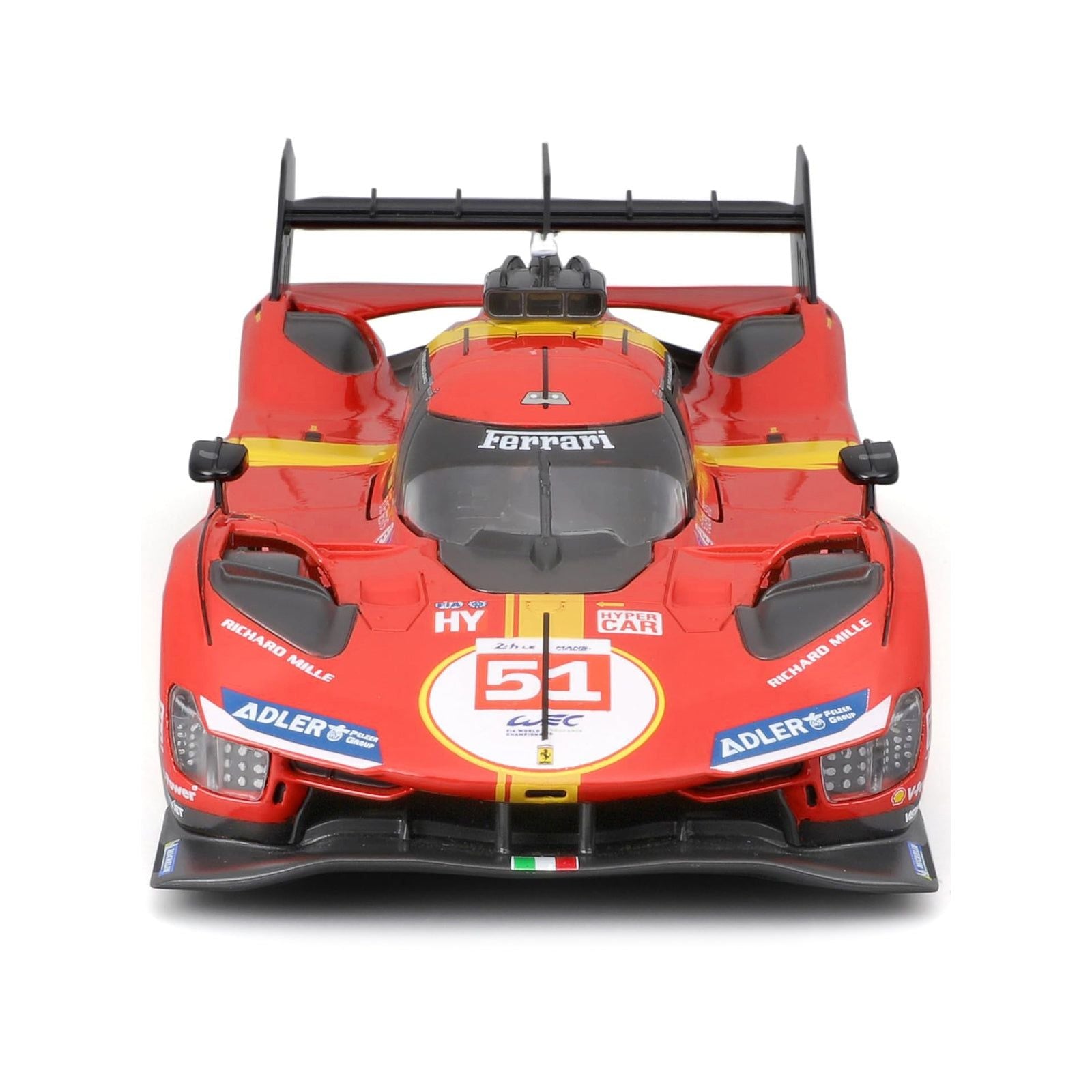 Red Ferrari race car, front view.