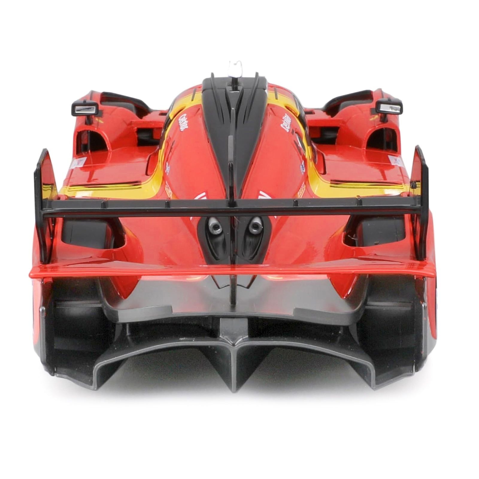 Red and yellow race car, rear view.