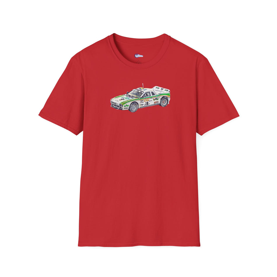 Lancia 037 Rally #18 Miki Biasion - Tiziano Siviero "Rallye Sanremo" (1983) - Cartoon Art  - Unisex T-Shirt