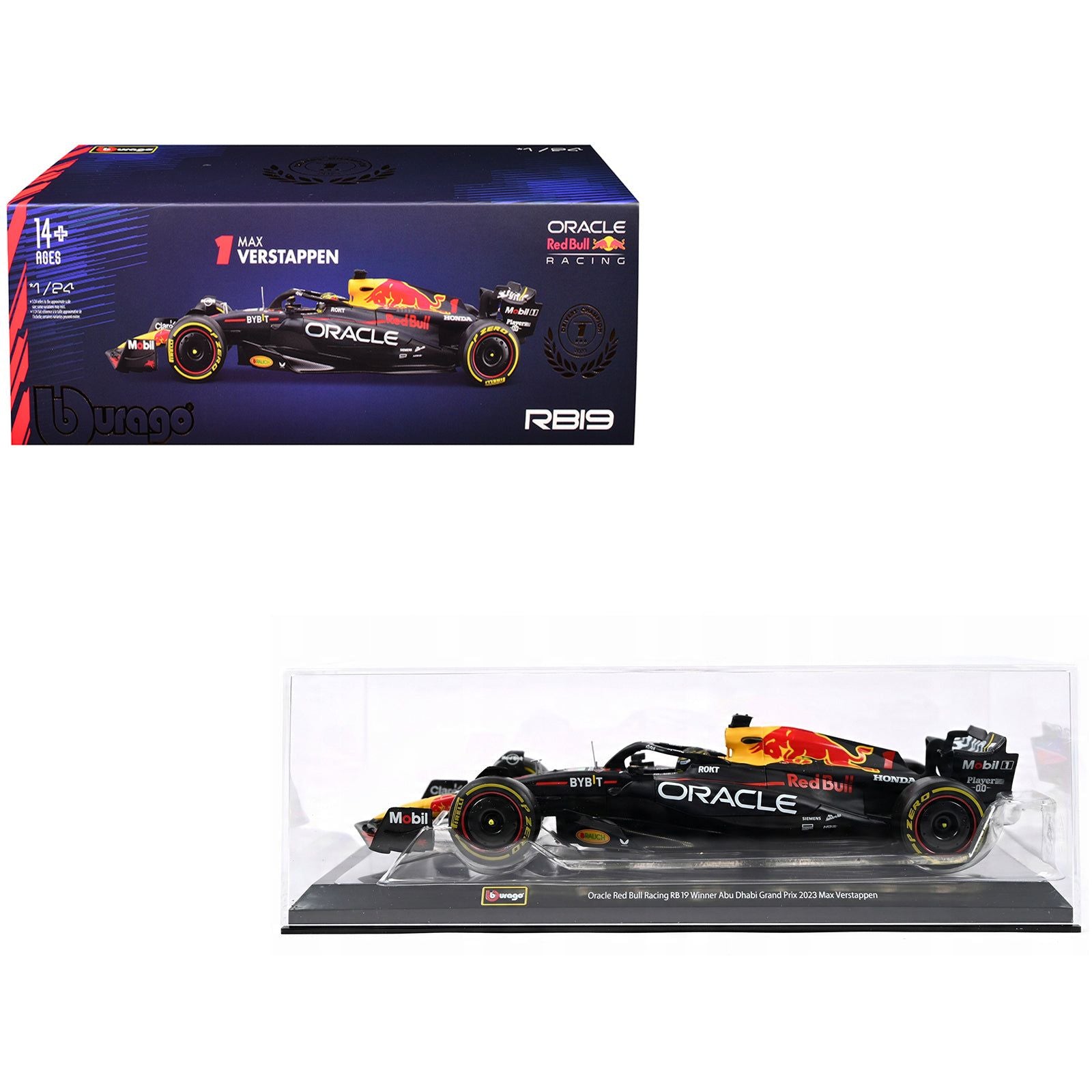 Red Bull Racing RB19 #1 Max Verstappen "Oracle" Winner Formula One F1 Championship "Drivers' Champion" (2023) with Display Case 1/24 Diecast Model Car by Bburago