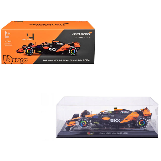 McLaren MCL38 #4 Lando Norris "OKX" Winner Formula One F1 "Miami GP" (2024) with Display Case 1/24 Diecast Model Car by Bburago