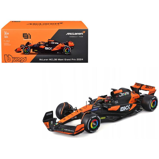 McLaren MCL38 #81 Oscar Piastri "OKX" Formula One F1 "Miami GP" (2024) with Display Case 1/24 Diecast Model Car by Bburago