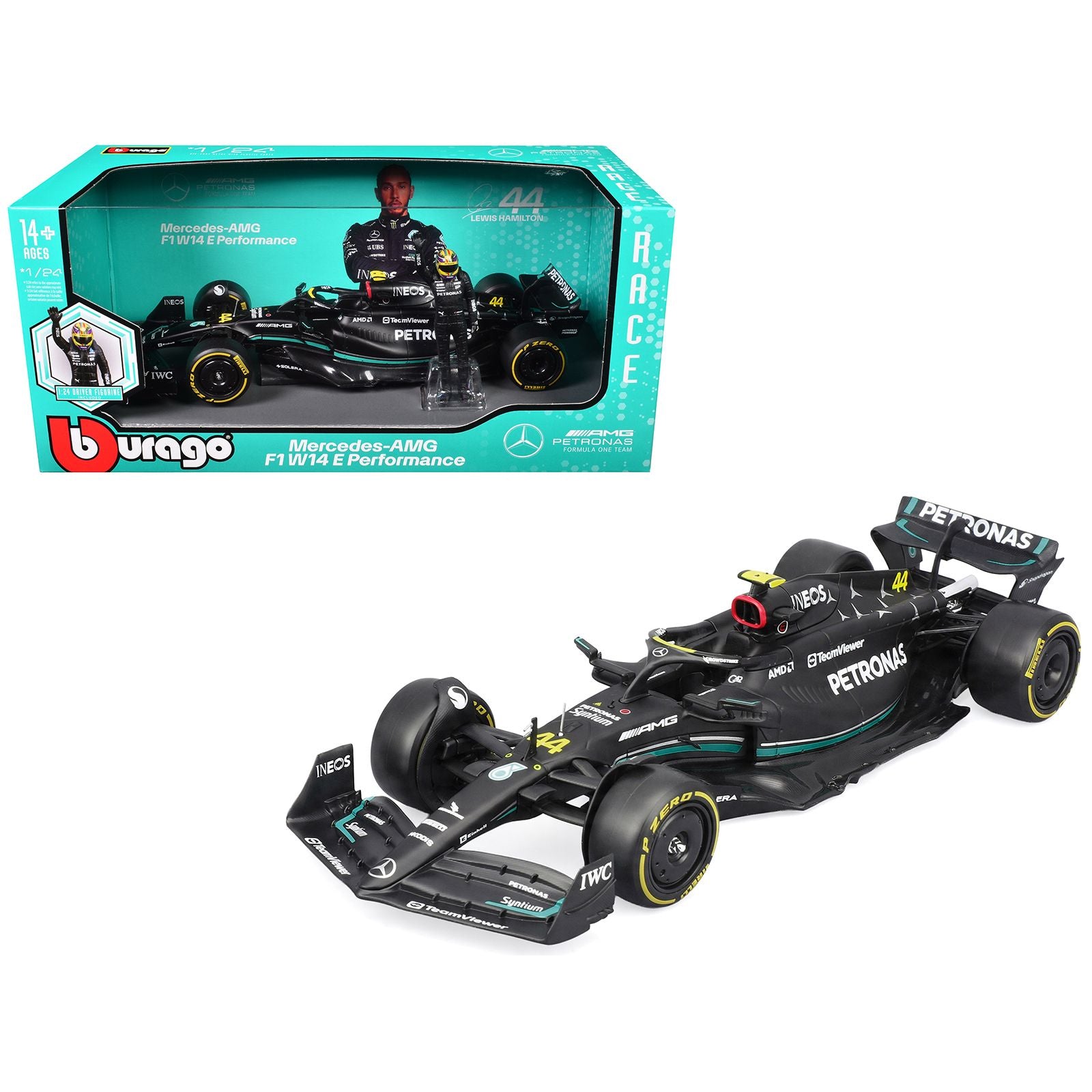 Mercedes-AMG F1 W14 E Performance #44 Lewis Hamilton "Petronas" Formula One F1 "World Championship" (2023) with Driver Figure "Race" Series 1/24 Diecast Model Car by Bburago