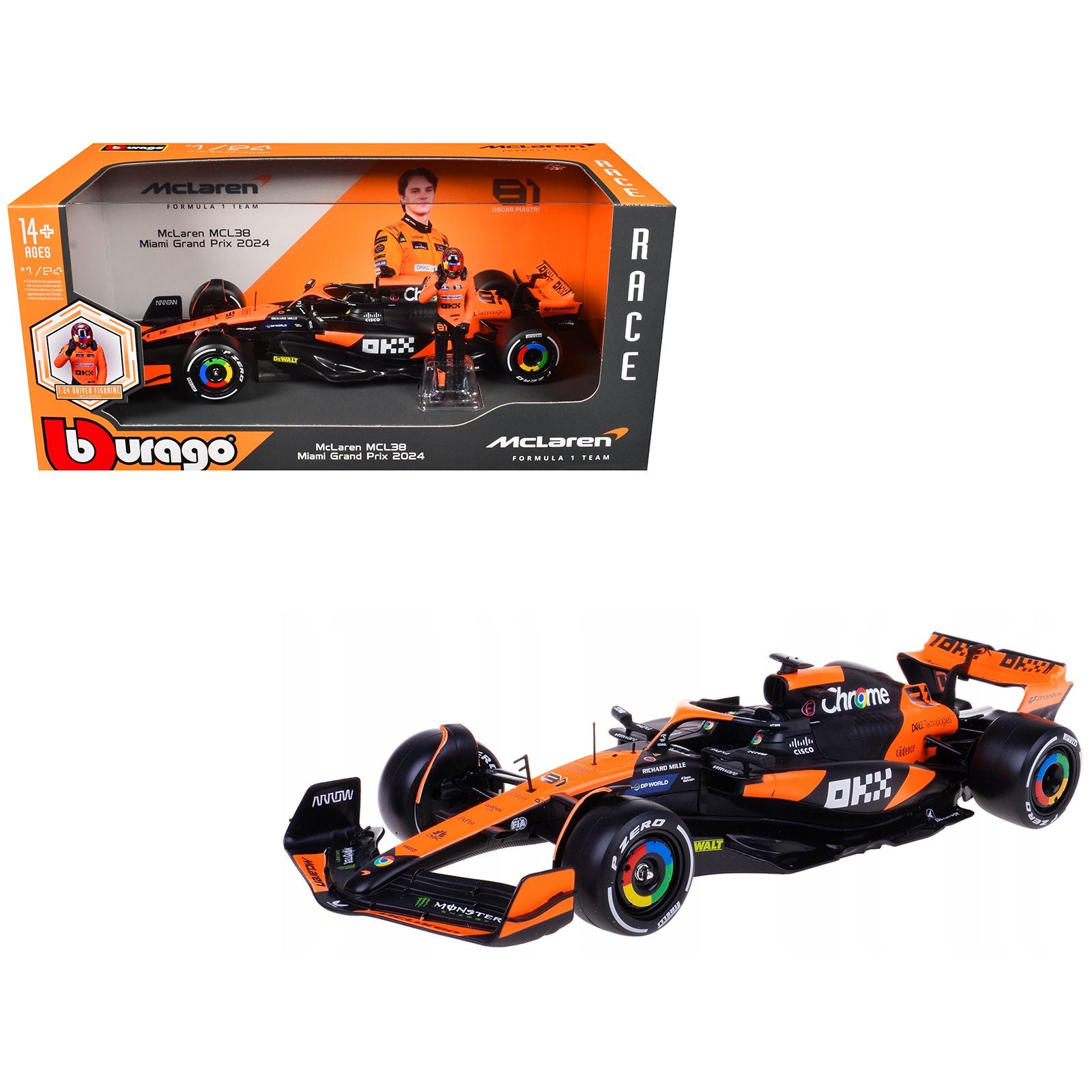 McLaren MCL38 #81 Oscar Piastri "OKX" Formula One F1 "Miami GP" (2024) with Driver Figure "Race" Series 1/24 Diecast Model Car by Bburago