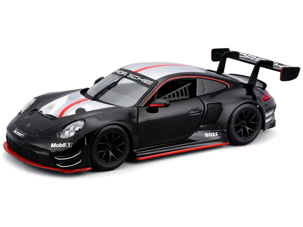 Porsche 911 GT3 R Black with Silver Hood and Top and Red Stripe "Race" Series 1/24 Diecast Model Car by Bburago