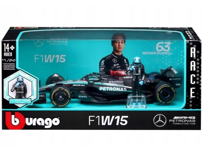 Mercedes-AMG F1 W15 E Performance #63 George Russell "Petronas" Formula One F1 Championship World Championship (2024) with Driver Figure 1/24 Diecast Model Car by Bburago
