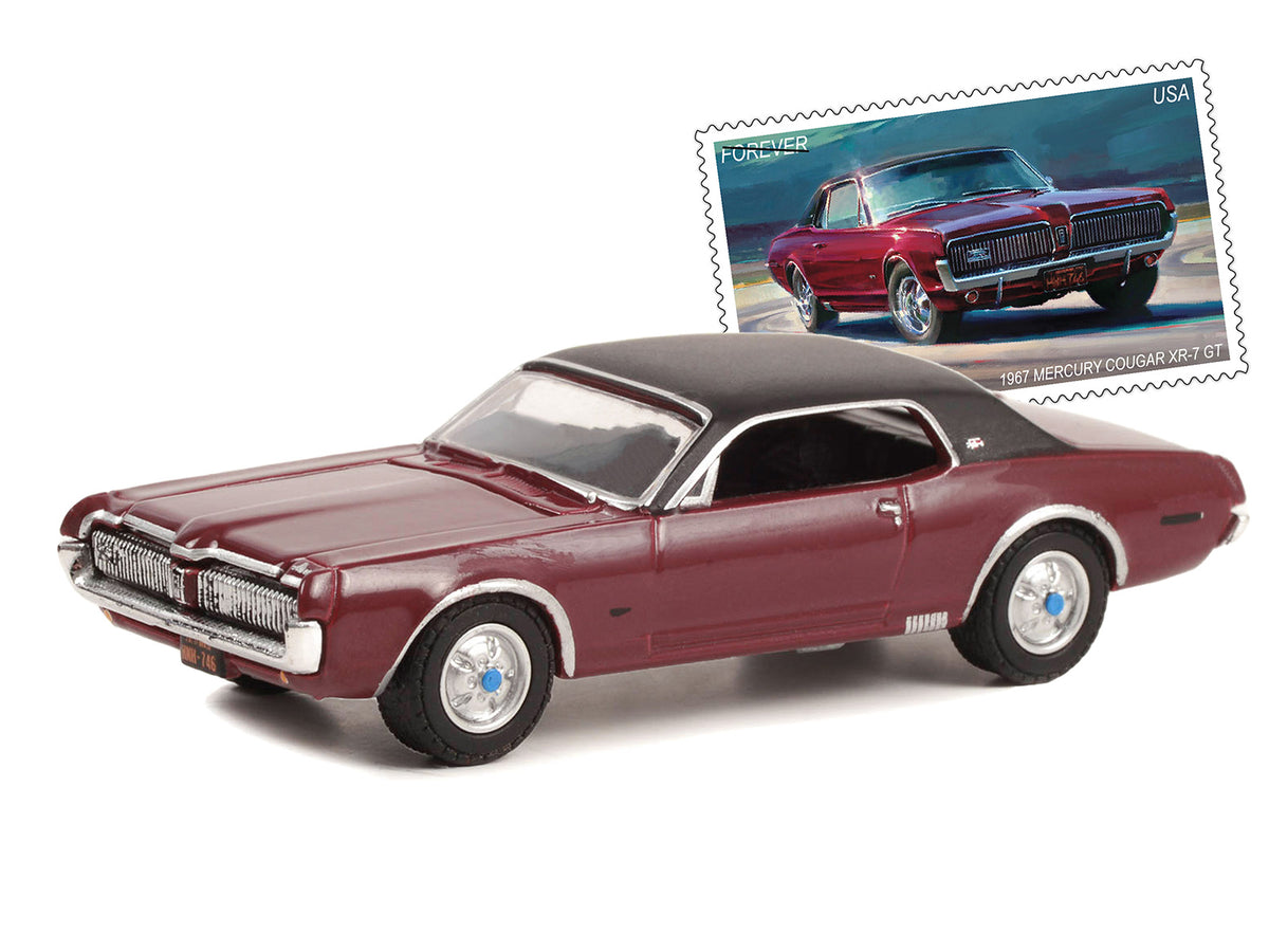 1967 Mercury Cougar XR-7 GT Dark Red with Black Top USPS (United States Postal Service) "2022 Pony Car Stamp Collection by Artist Tom Fritz" "Hobby Exclusive" Series 1/64 Diecast Model Car by Greenlight