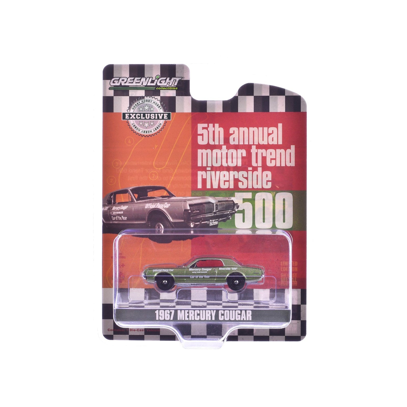 1967 Mercury Cougar "Riverside 500 Official Pace Car - Motor Trend Magazine Car of the Year" Green Metallic "Hobby Exclusive" Series 1/64 Diecast Model Car by Greenlight