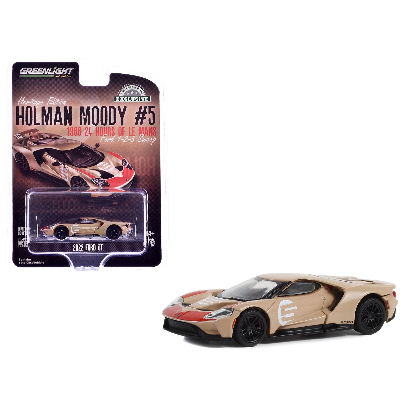 2022 Ford GT Heritage Edition #5 Holman-Moody "1966 24 Hours of Le Mans Ford 1-2-3 Sweep Tribute" Gold Metallic with Red Accents "Hobby Exclusive" Series 1/64 Diecast Model Car by Greenlight