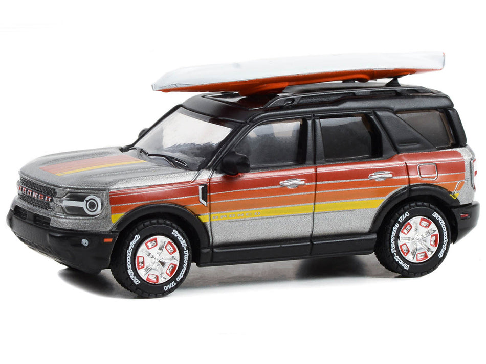 2022 Ford Bronco Sport Outer Banks Gray Metallic with Stripes and Rooftop Kayak "Hobby Exclusive" Series 1/64 Diecast Model Car by Greenlight