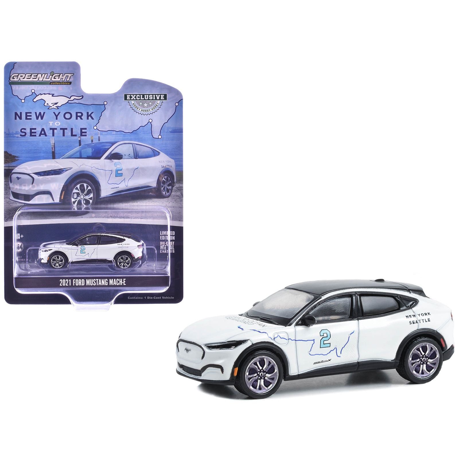 2021 Ford Mustang Mach-E #2 "New York to Seattle Transcontinental Tour" White with Black Top "Hobby Exclusive" Series 1/64 Diecast Model Car by Greenlight