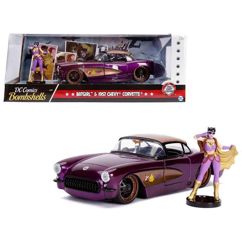 1957 Chevrolet Corvette Purple with Batgirl Diecast Figurine "DC Comics Bombshells" Series 1/24 Diecast Model Car by Jada