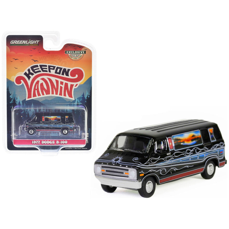 1977 Dodge B-100 Van Black with Mountain Sunrise Graphics "Keep On Vannin'" "Hobby Exclusive" Series 1/64 Diecast Model Car by Greenlight