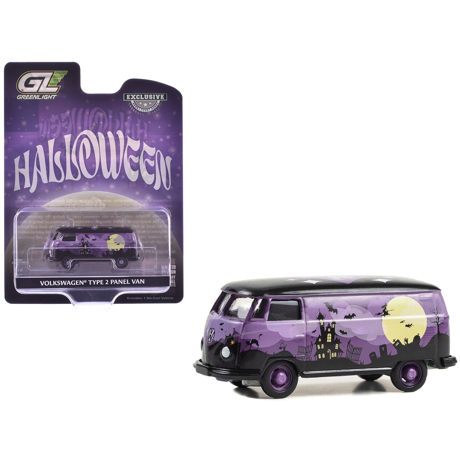 Volkswagen Type 2 Panel Van "Halloween 2025" Black and Purple with Graphics "Hobby Exclusive" Series 1/64 Diecast Model Car by Greenlight