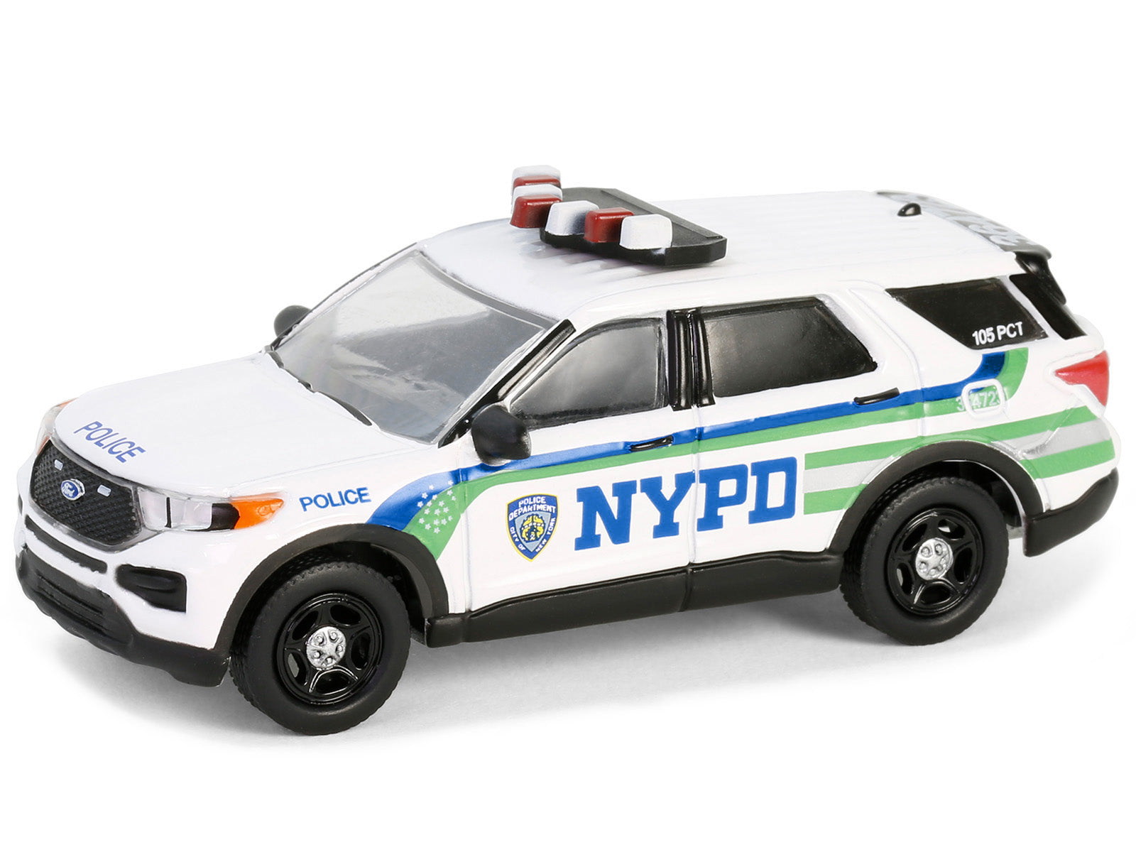 2023 Ford Police Interceptor Utility "NYPD (New York City Police Department)" White with Blue and Green Stripes "Hobby Exclusive" Series 1/64 Diecast Model Car by Greenlight