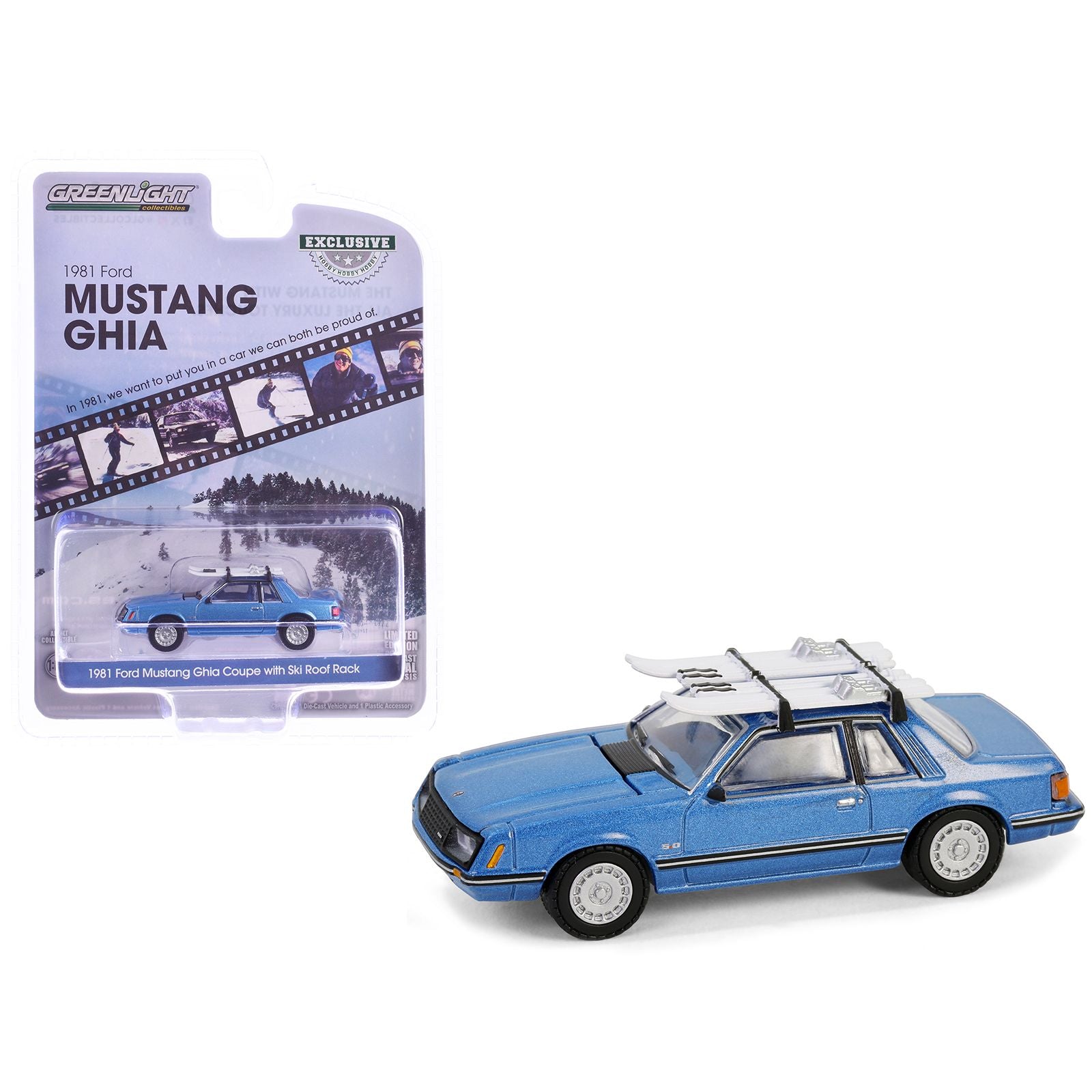 1981 Ford Mustang Ghia Coupe Blue Glow Metallic with Ski Roof Rack "Hobby Exclusive" Series 1/64 Diecast Model Car by Greenlight