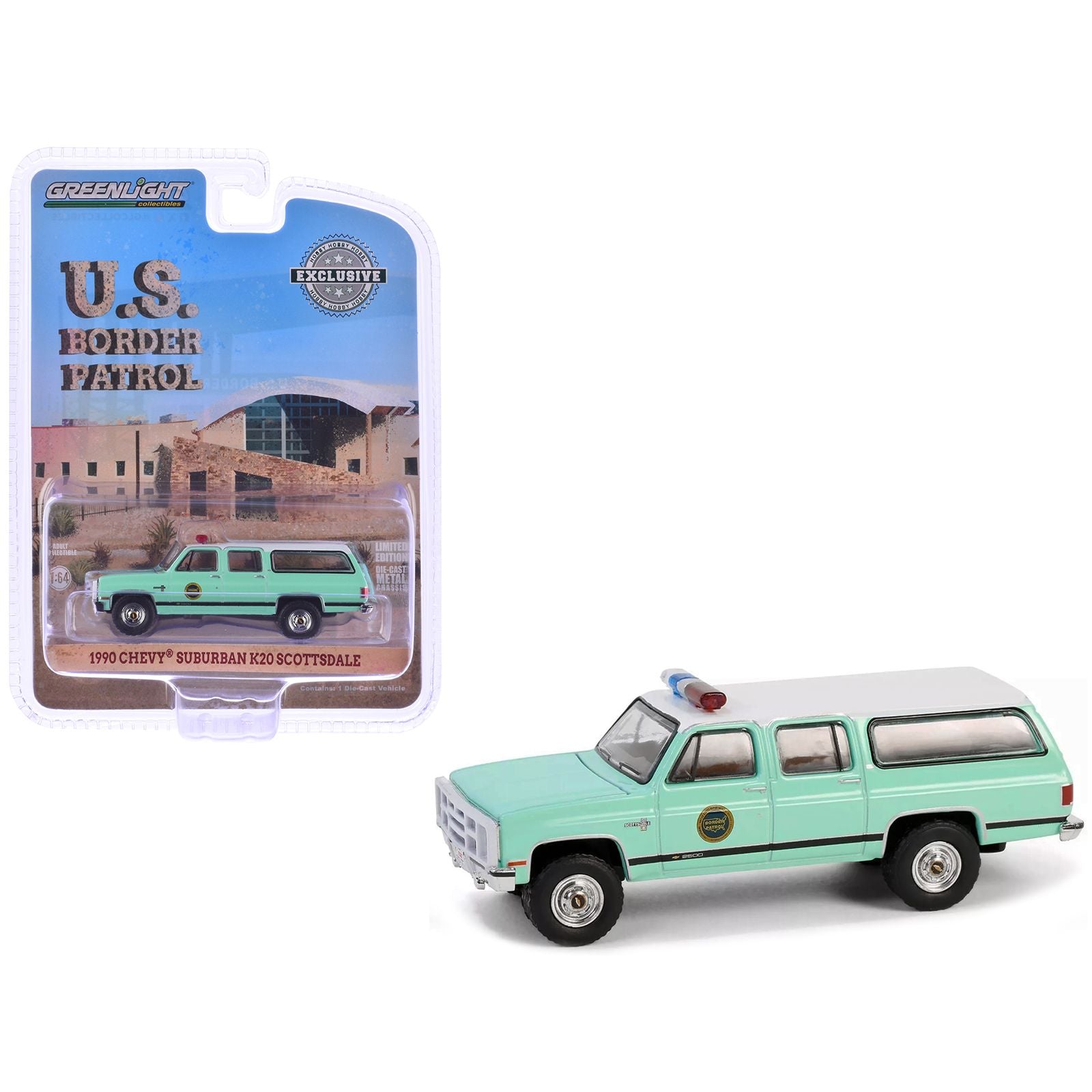 1990 Chevrolet Suburban K20 Scottsdale "United States Border Patrol" Light Green with White Top "Hobby Exclusive" Series 1/64 Diecast Model Car by Greenlight
