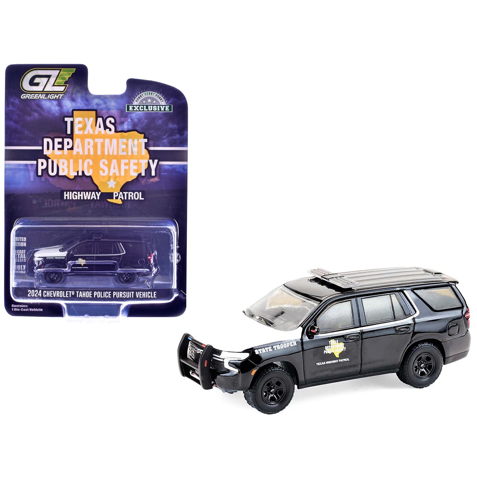2024 Chevrolet Tahoe Police Pursuit Vehicle "Texas Department of Public Safety Highway Patrol" Black with White Hood "Hobby Exclusive" Series 1/64 Diecast Model Car by Greenlight