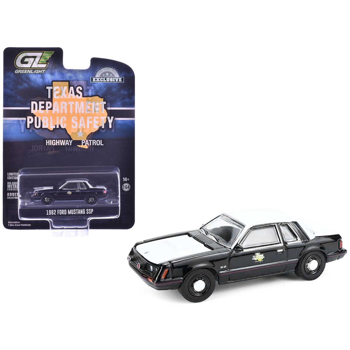 1982 Ford Mustang SSP "Texas Department of Public Safety Highway Patrol" Black with White Hood and Top "Hobby Exclusive" Series 1/64 Diecast Model Car by Greenlight