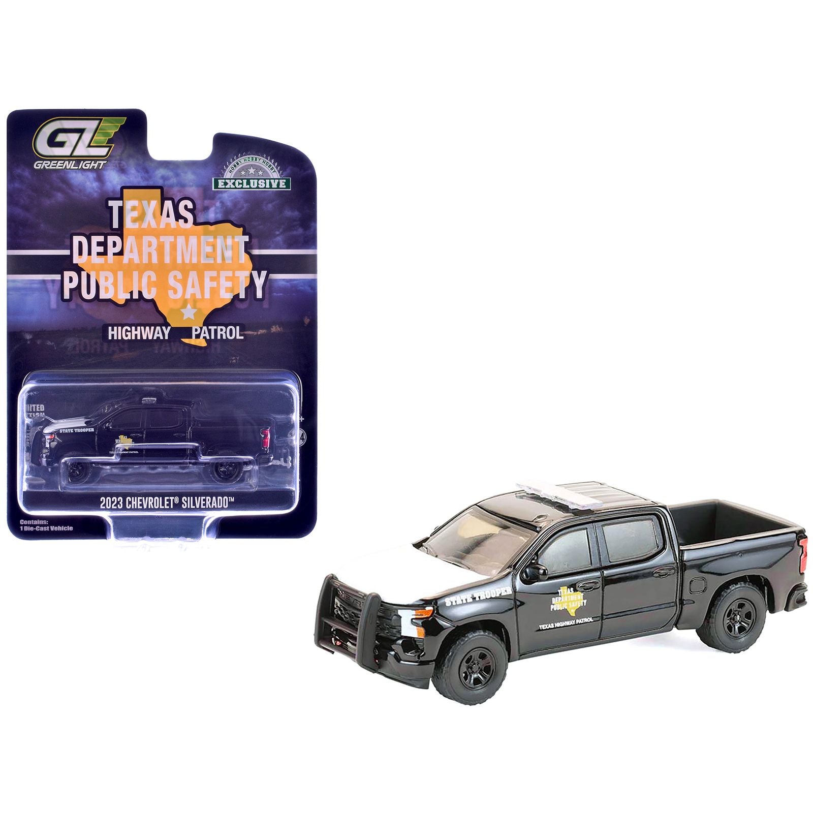 2023 Chevrolet Silverado Pickup Truck "Texas Department of Public Safety Highway Patrol" Black with White Hood "Hobby Exclusive" Series 1/64 Diecast Model Car by Greenlight