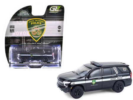 2024 Chevrolet Tahoe Police Pursuit Vehicle "Dover Police – 100th Anniversary Edition" Black with White Stripes "Hobby Exclusive" Series 1/64 Diecast Model Car by Greenlight