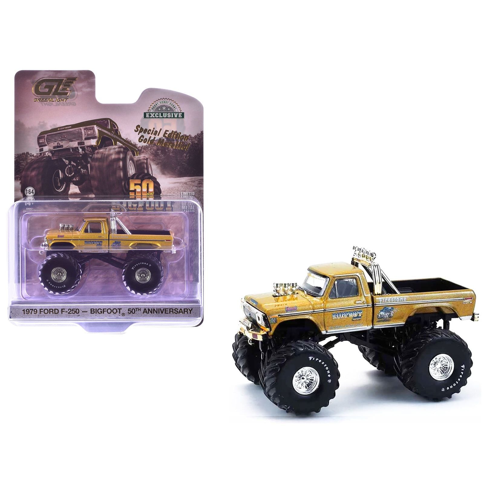 1979 Ford F-250 Monster Truck "Bigfoot #1 50th Anniversary" Gold Metallic "Hobby Exclusive" Series 1/64 Diecast Model Car by Greenlight