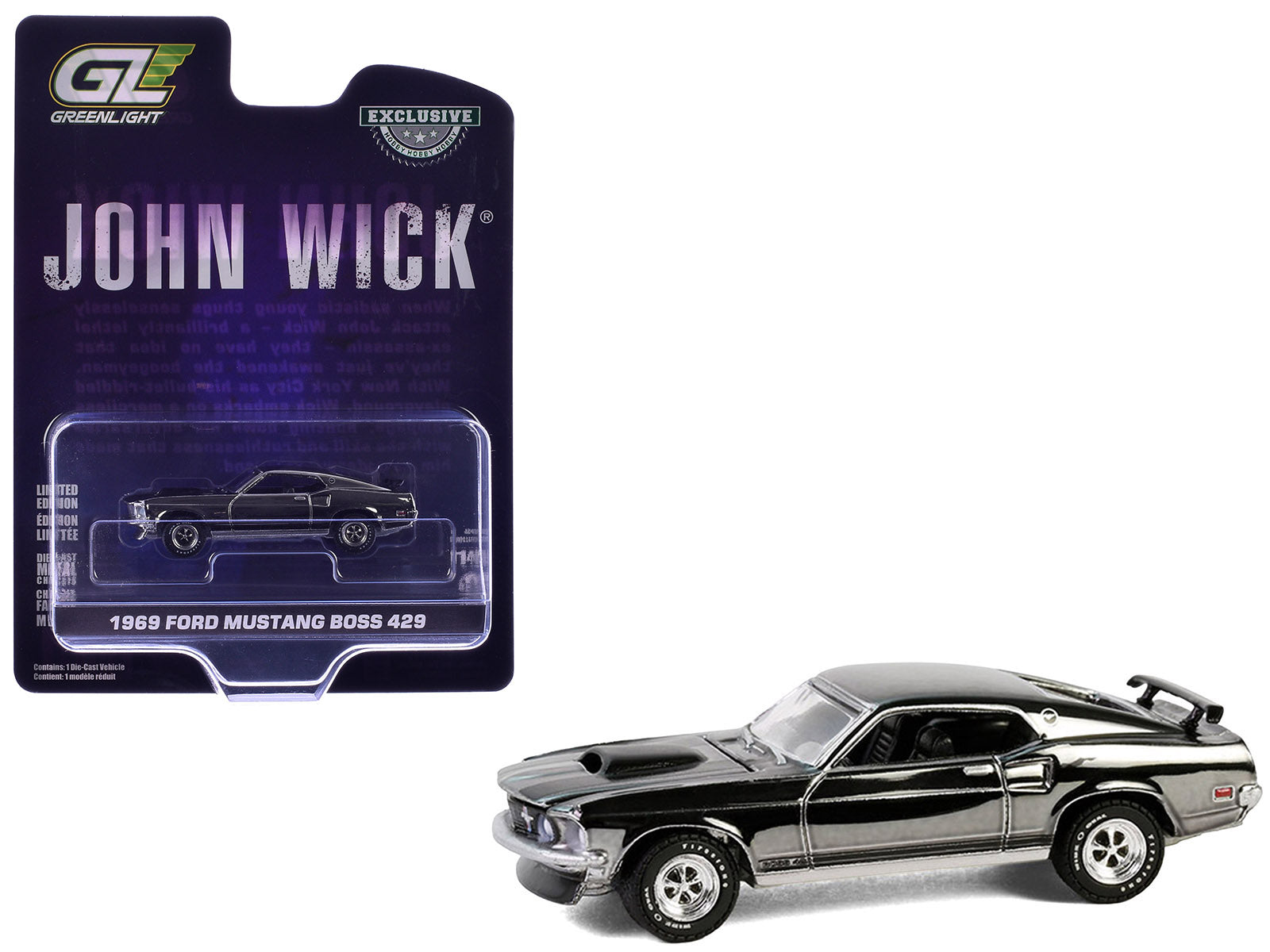 1969 Ford Mustang Boss 429 Silver Chrome Edition with Black Stripes "John Wick" (2014) Movie "Hobby Exclusive" Series 1/64 Diecast Model Car by Greenlight