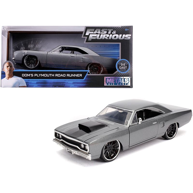 Dom's Plymouth Road Runner Gray Metallic with Black Hood Stripe "Fast & Furious" Movie 1/24 Diecast Model Car by Jada